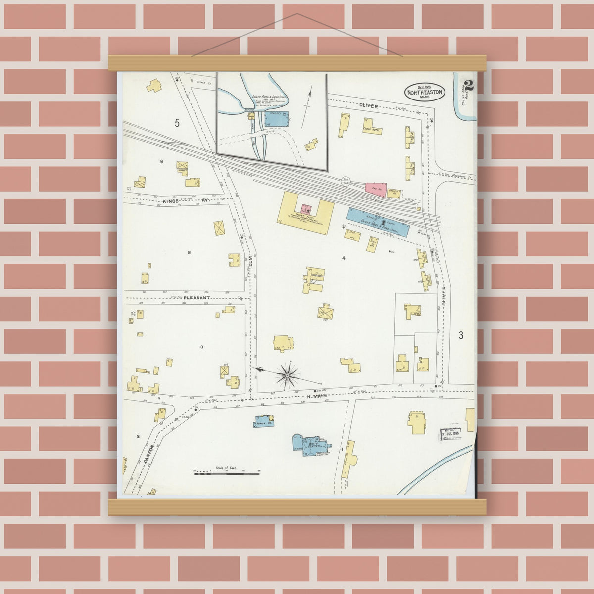 Old map wall art mockup — magnetic wood frame on brick wall — Sanborn Fire Insurance Map from North Easton, Bristol County, Massachusetts (1903), Sheet #0002