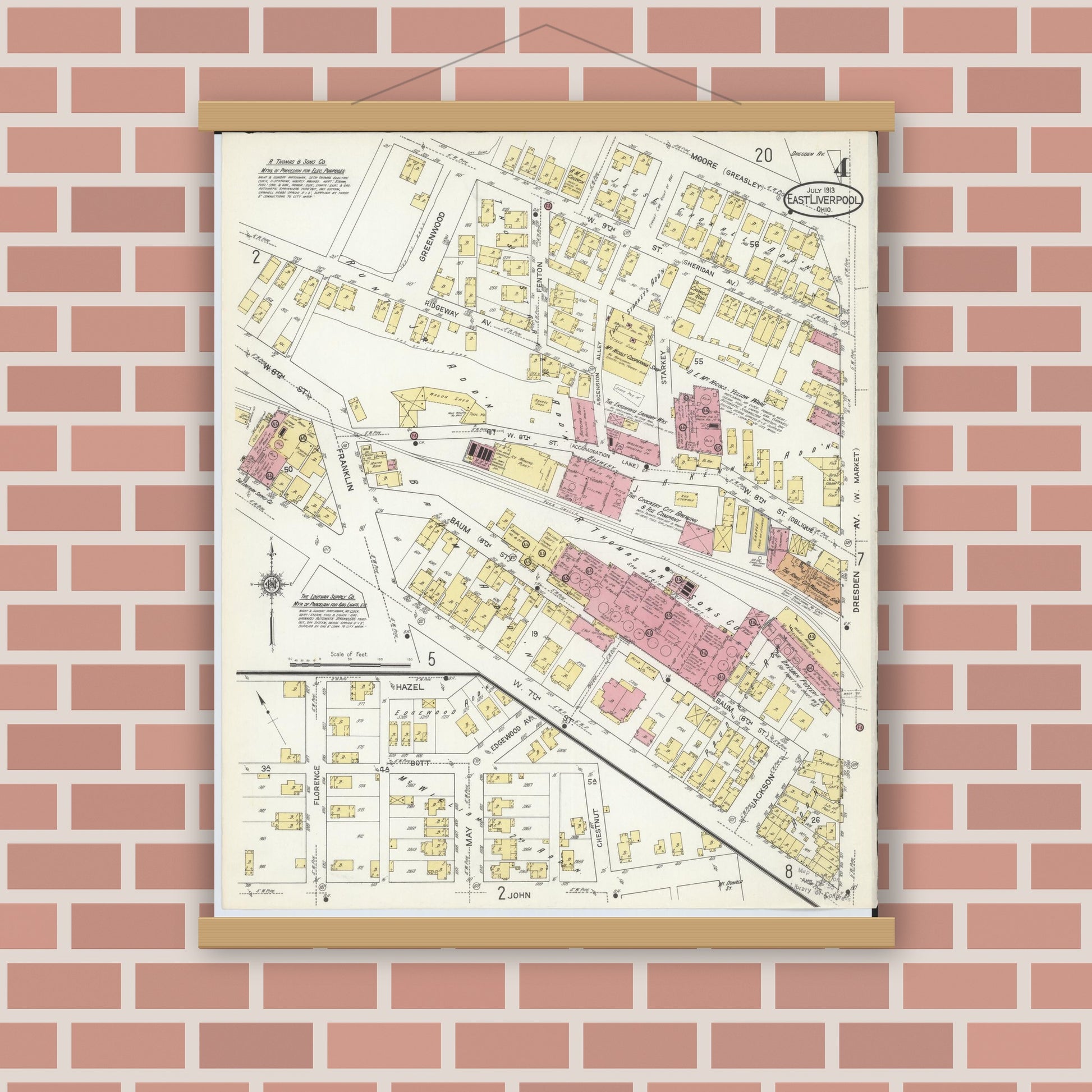 Old map wall art mockup — magnetic wood frame on brick wall — Sanborn Fire Insurance Map from East Liverpool, Columbiana County, Ohio (1913), Sheet #0004