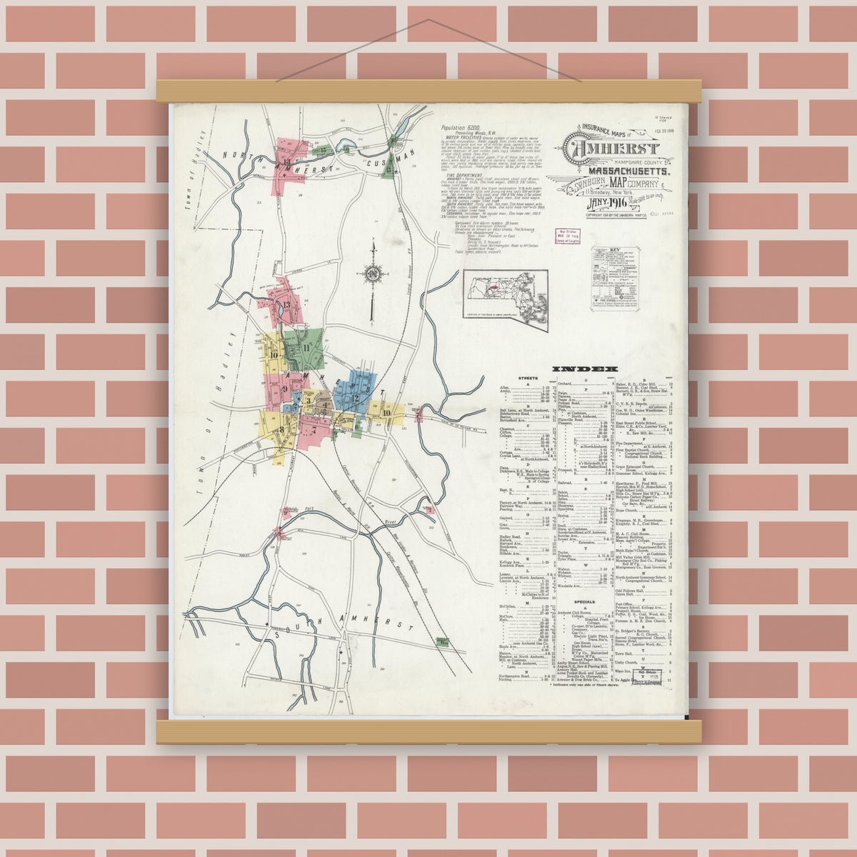 Old map wall art mockup — magnetic wood frame on brick wall — Sanborn Fire Insurance Map from Amherst, Hampshire County, Massachusetts (1916), Sheet #0001
