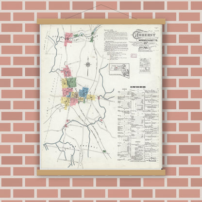 Old map wall art mockup — magnetic wood frame on brick wall — Sanborn Fire Insurance Map from Amherst, Hampshire County, Massachusetts (1916), Sheet #0001