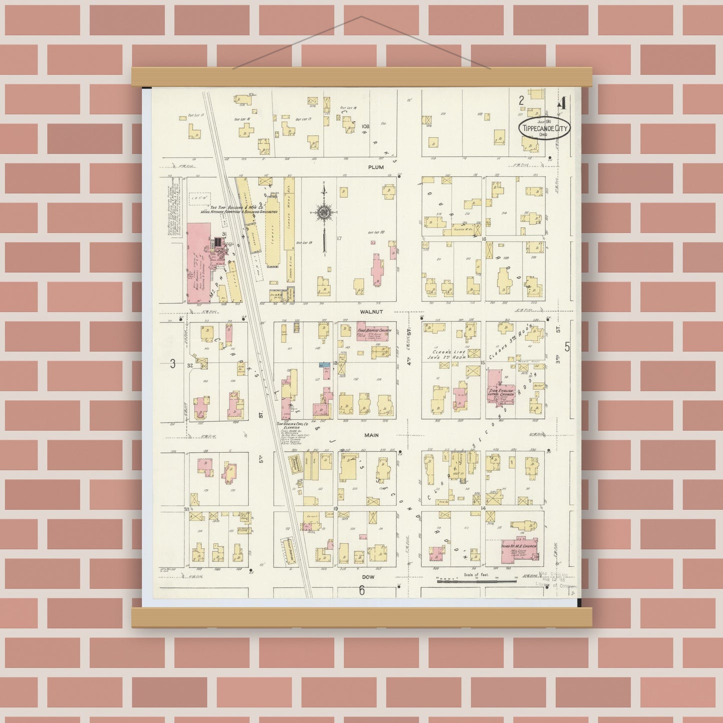 Old map wall art mockup — magnetic wood frame on brick wall — Sanborn Fire Insurance Map from Tipp City, Miami County, Ohio (1911), Sheet #0004