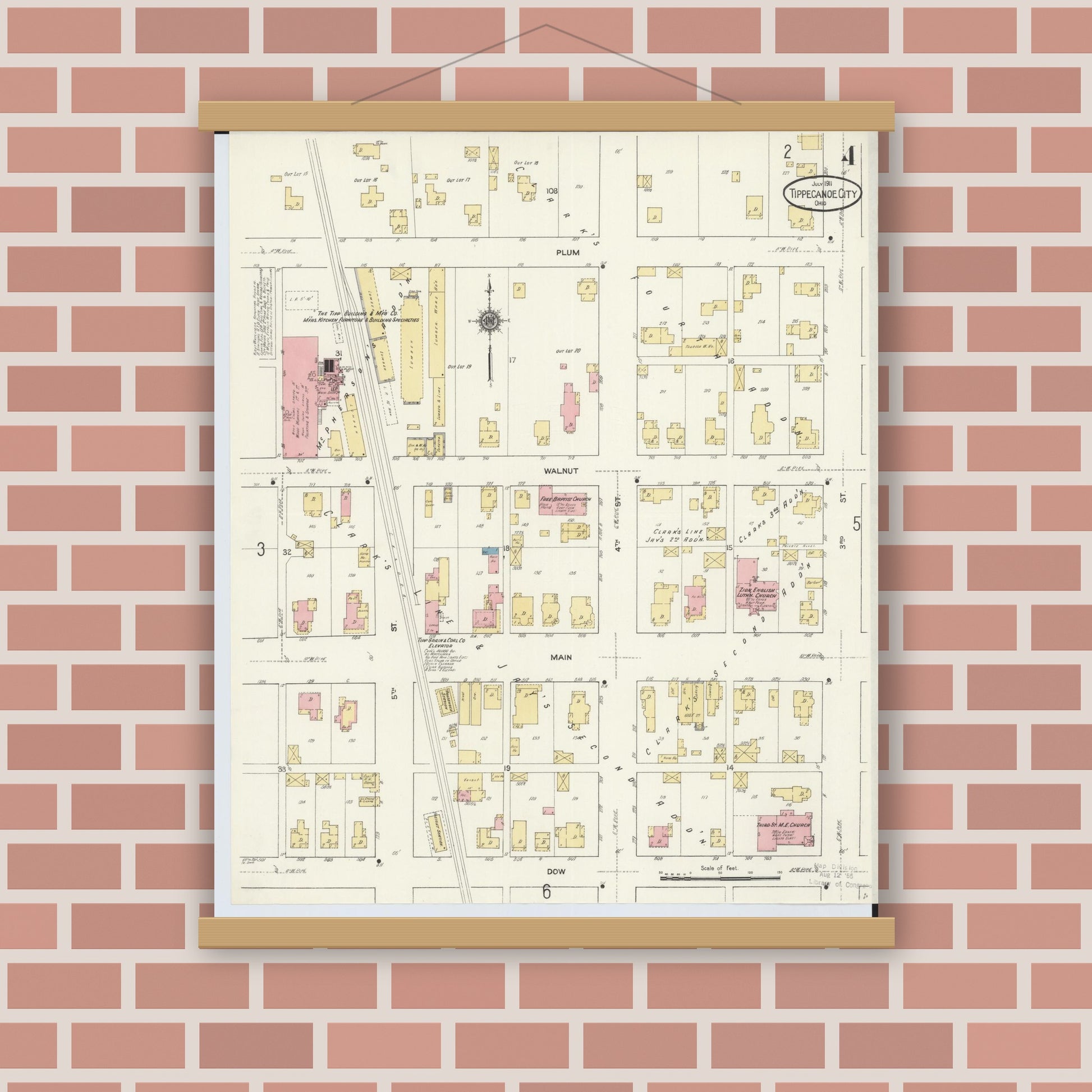 Old map wall art mockup — magnetic wood frame on brick wall — Sanborn Fire Insurance Map from Tipp City, Miami County, Ohio (1911), Sheet #0004