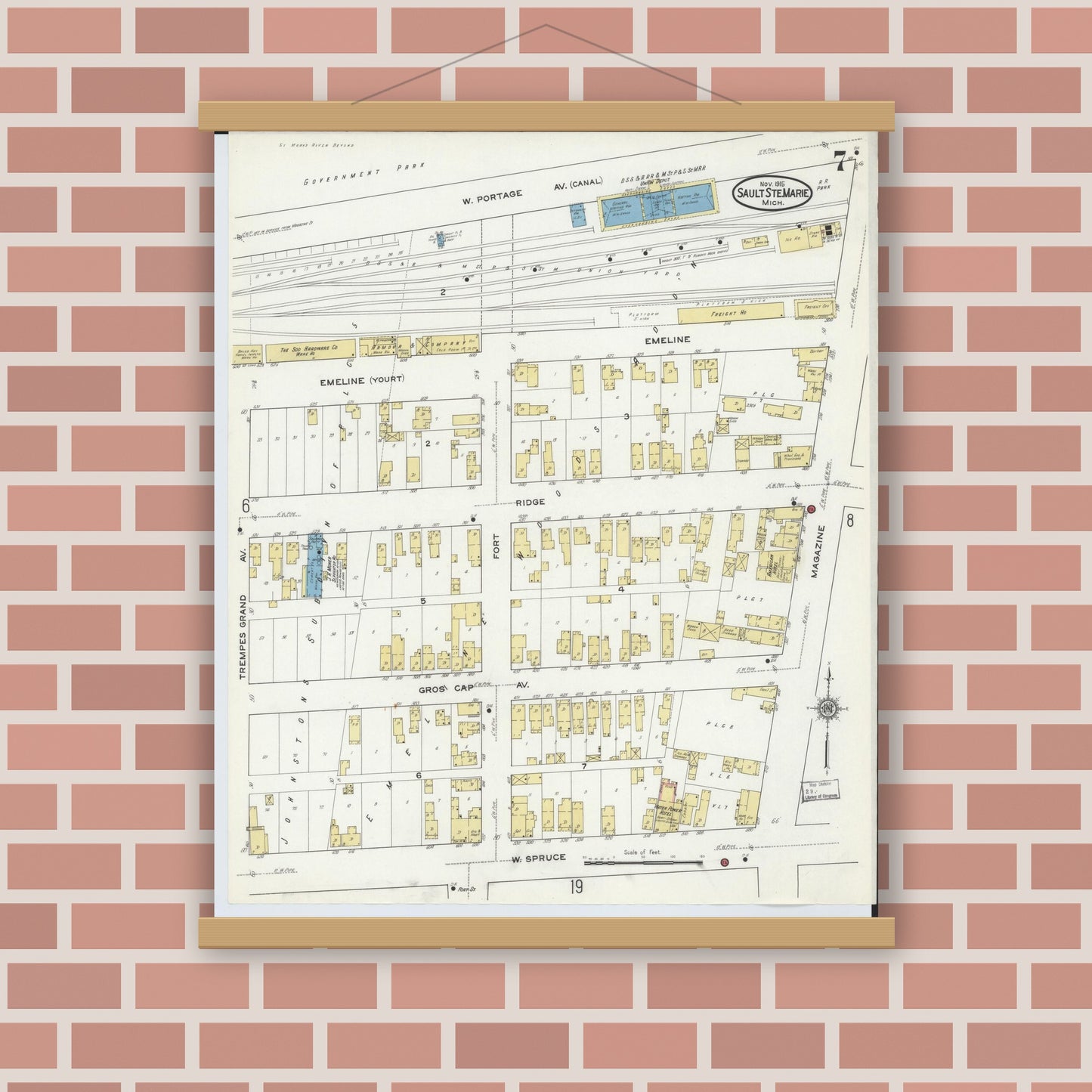 Old map wall art mockup — magnetic wood frame on brick wall — Sanborn Fire Insurance Map from Sault Sainte Marie, Chippewa County, Michigan (1915), Sheet #0007