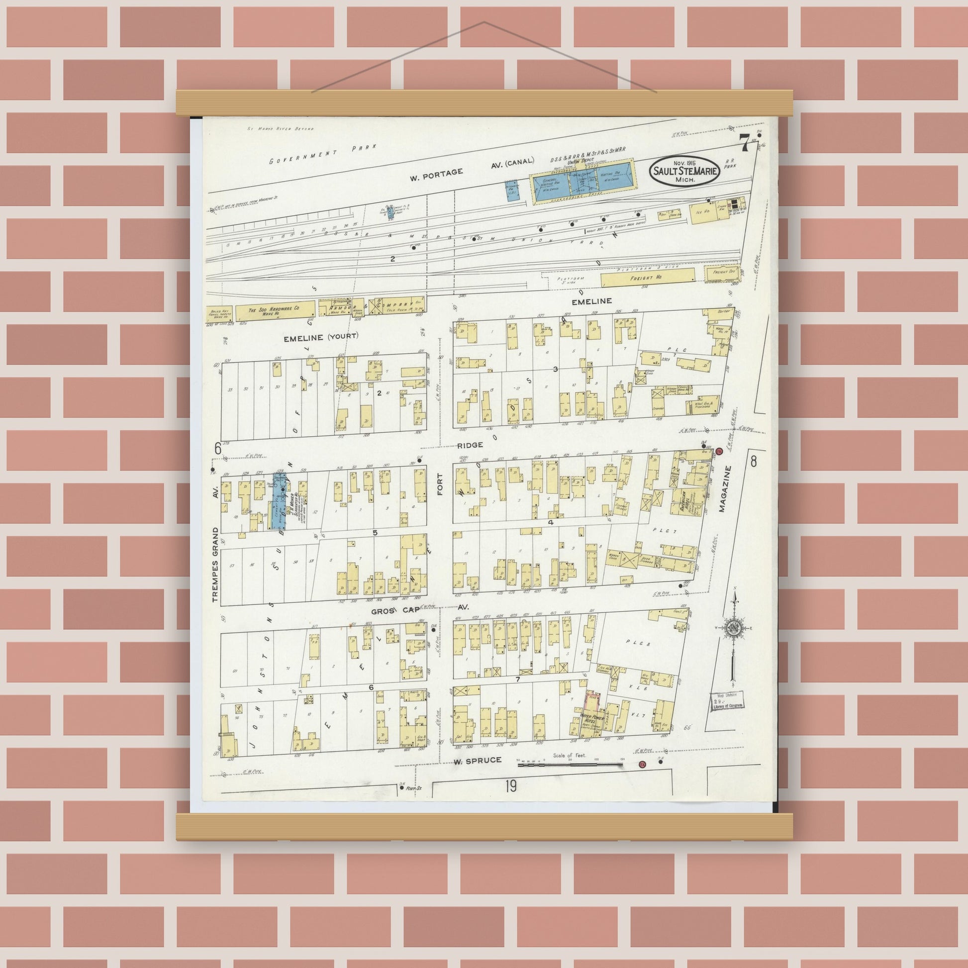 Old map wall art mockup — magnetic wood frame on brick wall — Sanborn Fire Insurance Map from Sault Sainte Marie, Chippewa County, Michigan (1915), Sheet #0007