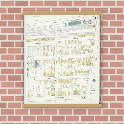 Old map wall art mockup — magnetic wood frame on brick wall — Sanborn Fire Insurance Map from Sault Sainte Marie, Chippewa County, Michigan (1915), Sheet #0007