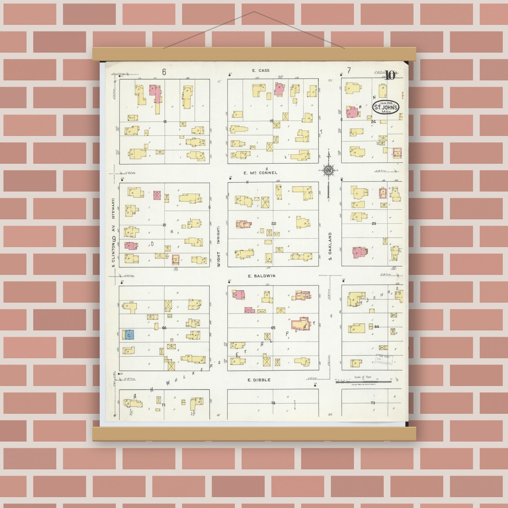 Old map wall art mockup — magnetic wood frame on brick wall — Sanborn Fire Insurance Map from Saint Johns, Clinton County, Michigan (1918), Sheet #0010