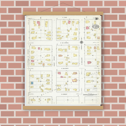 Old map wall art mockup — magnetic wood frame on brick wall — Sanborn Fire Insurance Map from Saint Johns, Clinton County, Michigan (1918), Sheet #0010