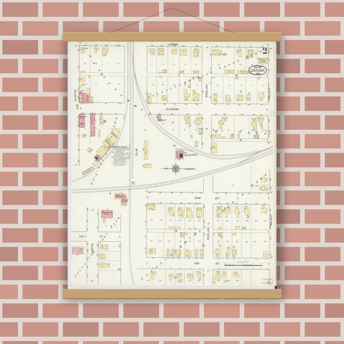 Old map wall art mockup — magnetic wood frame on brick wall — Sanborn Fire Insurance Map from Cayuga, Vermillion County, Indiana (1913), Sheet #0002