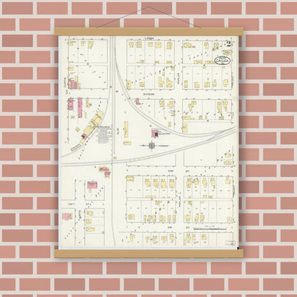 Old map wall art mockup — magnetic wood frame on brick wall — Sanborn Fire Insurance Map from Cayuga, Vermillion County, Indiana (1913), Sheet #0002