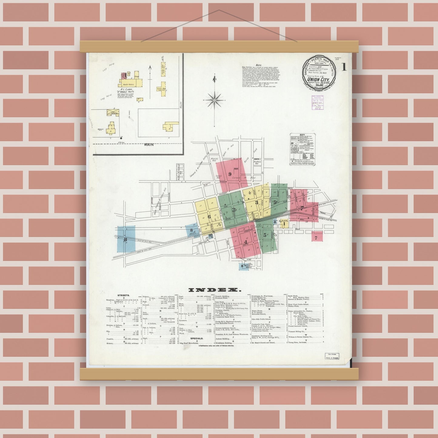 Old map wall art mockup — magnetic wood frame on brick wall — Sanborn Fire Insurance Map from Union City, Randolph County, Indiana (1901) - Complete Map Set