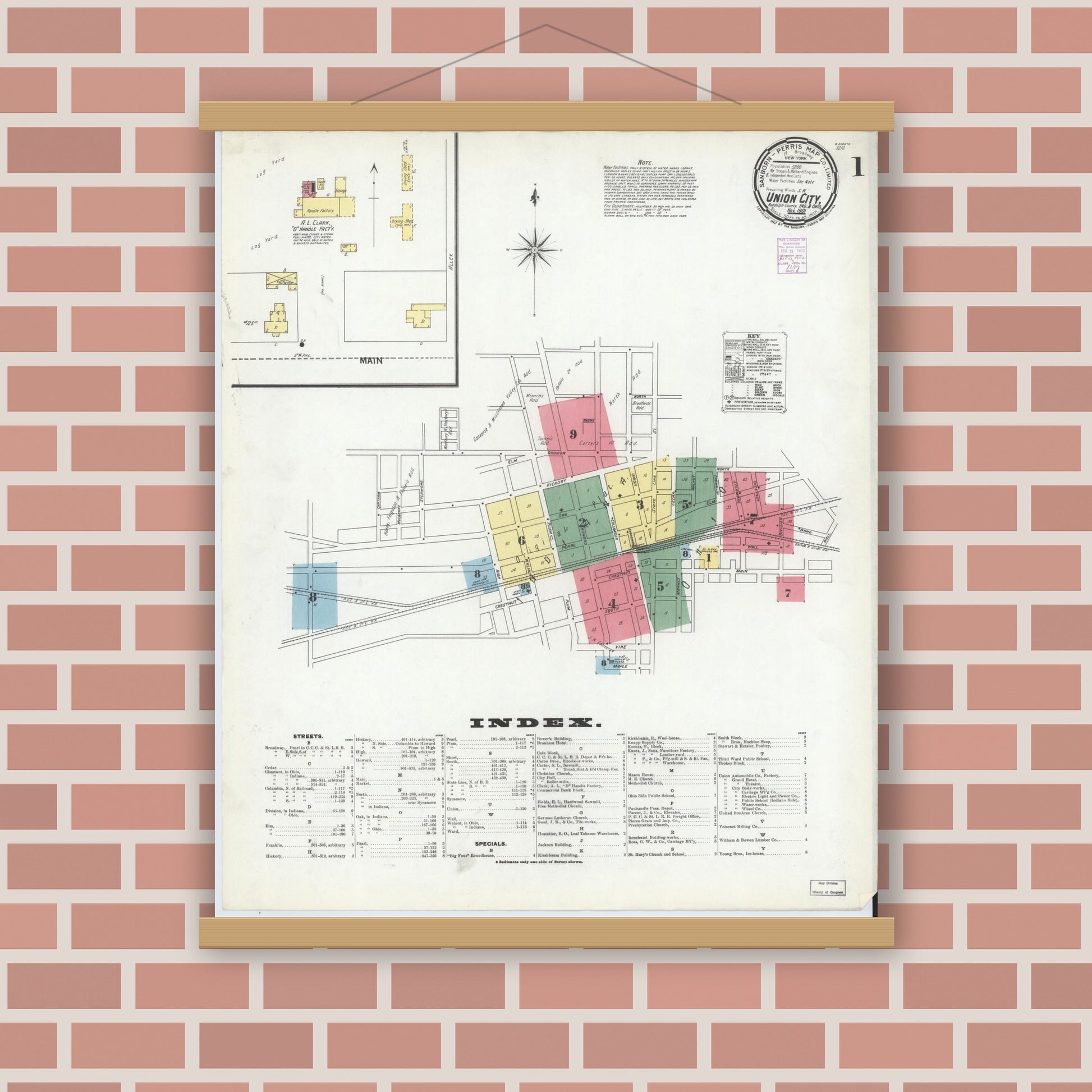 Old map wall art mockup — magnetic wood frame on brick wall — Sanborn Fire Insurance Map from Union City, Randolph County, Indiana (1901) - Complete Map Set