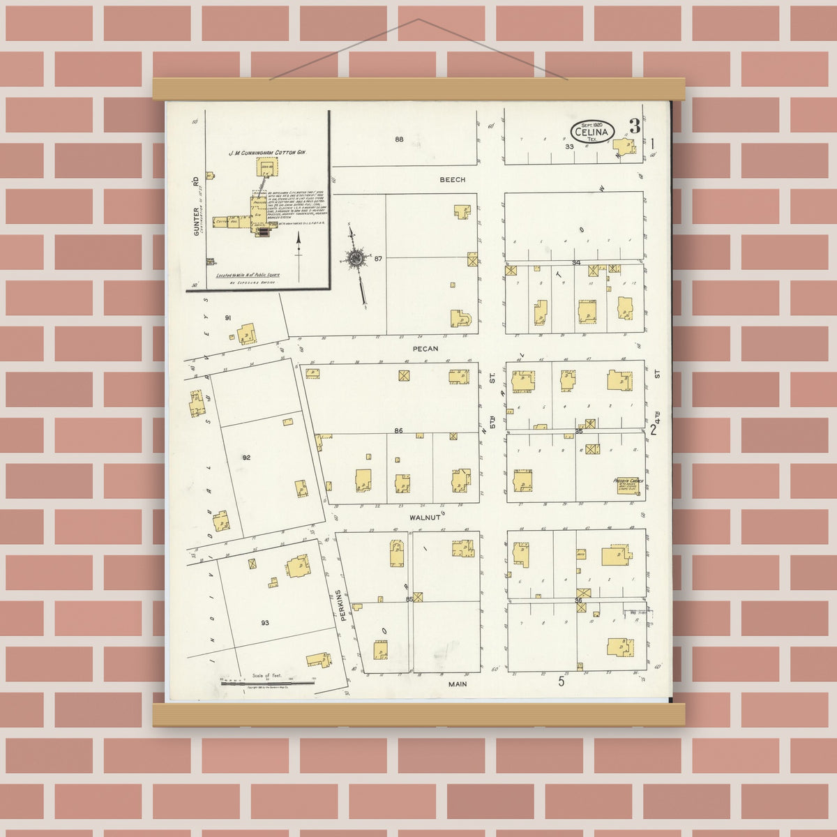Old map wall art mockup — magnetic wood frame on brick wall — Sanborn Fire Insurance Map from Celina, Collin County, Texas (1920), Sheet #0003