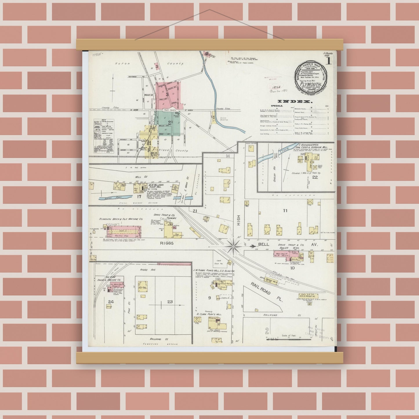 Old map wall art mockup — magnetic wood frame on brick wall — Sanborn Fire Insurance Map from Plymouth, Huron And Richland Counties, Ohio (1893) - Complete Map Set