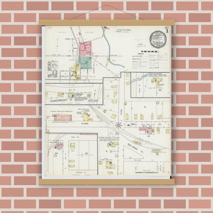 Old map wall art mockup — magnetic wood frame on brick wall — Sanborn Fire Insurance Map from Plymouth, Huron And Richland Counties, Ohio (1893) - Complete Map Set