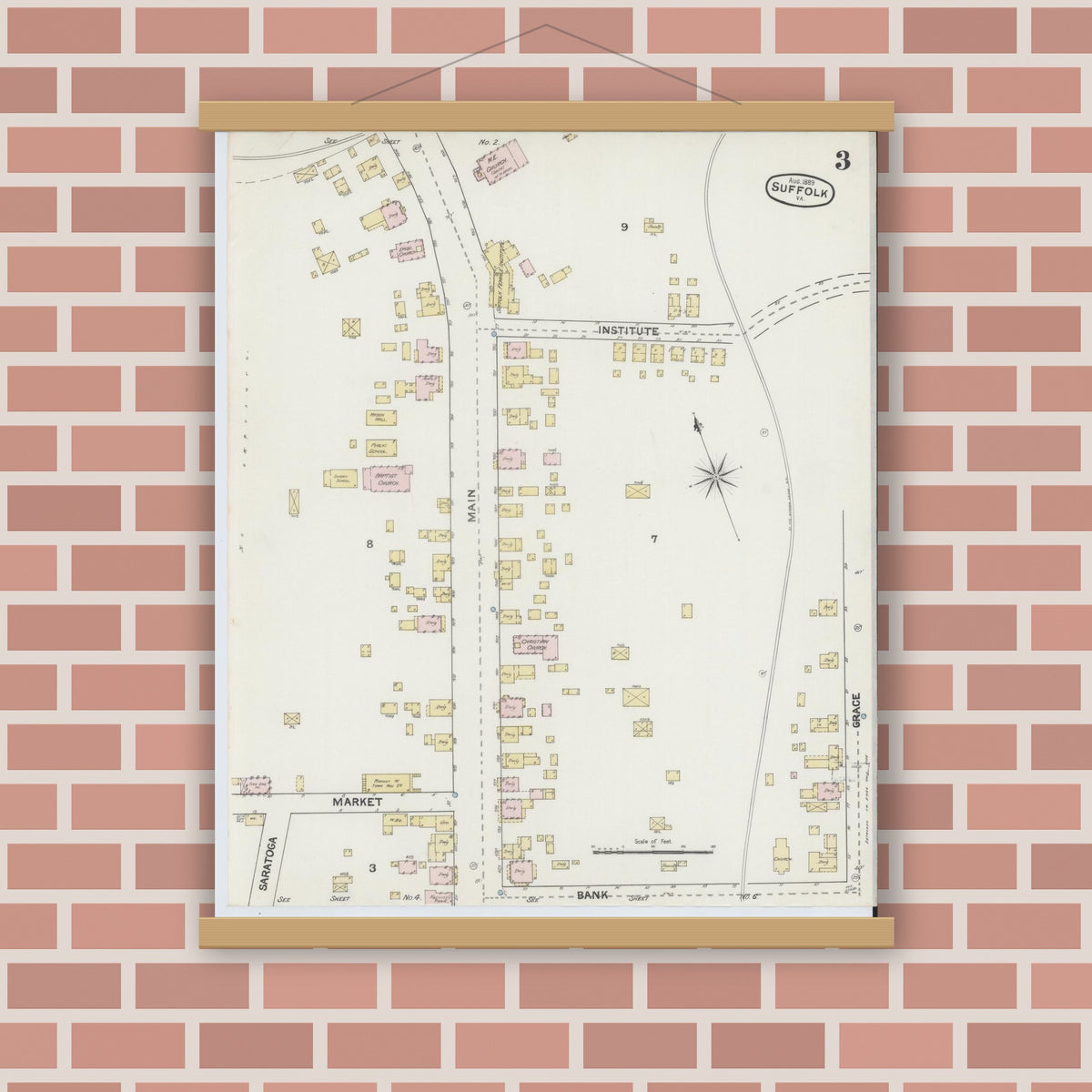 Old map wall art mockup — magnetic wood frame on brick wall — Sanborn Fire Insurance Map from Suffolk, Independent Cities, Virginia (1889), Sheet #0003