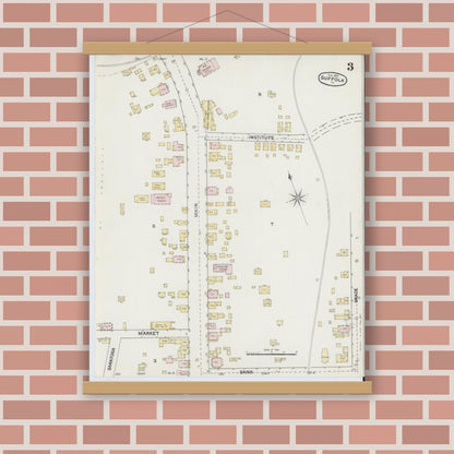 Old map wall art mockup — magnetic wood frame on brick wall — Sanborn Fire Insurance Map from Suffolk, Independent Cities, Virginia (1889), Sheet #0003