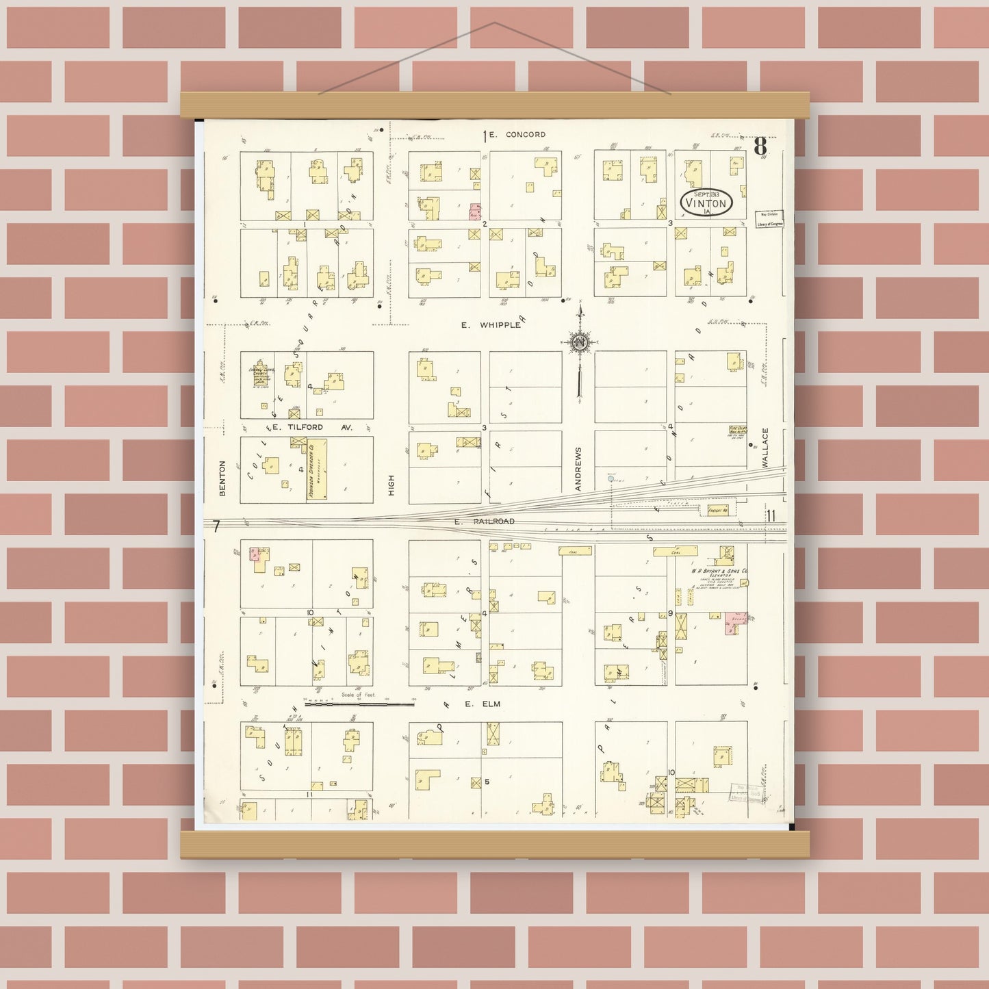 Old map wall art mockup — magnetic wood frame on brick wall — Sanborn Fire Insurance Map from Vinton, Benton County, Iowa (1913), Sheet #0008