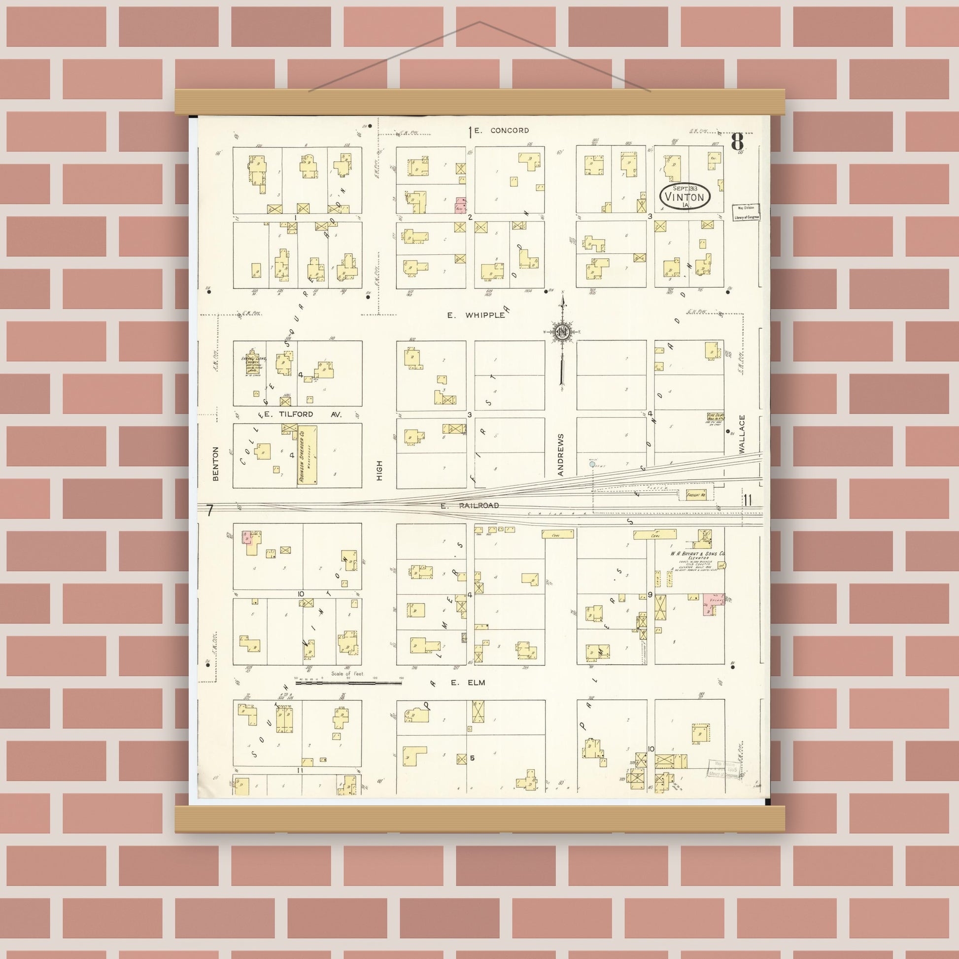 Old map wall art mockup — magnetic wood frame on brick wall — Sanborn Fire Insurance Map from Vinton, Benton County, Iowa (1913), Sheet #0008