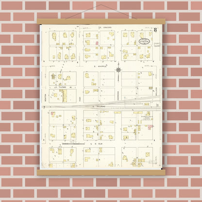 Old map wall art mockup — magnetic wood frame on brick wall — Sanborn Fire Insurance Map from Vinton, Benton County, Iowa (1913), Sheet #0008