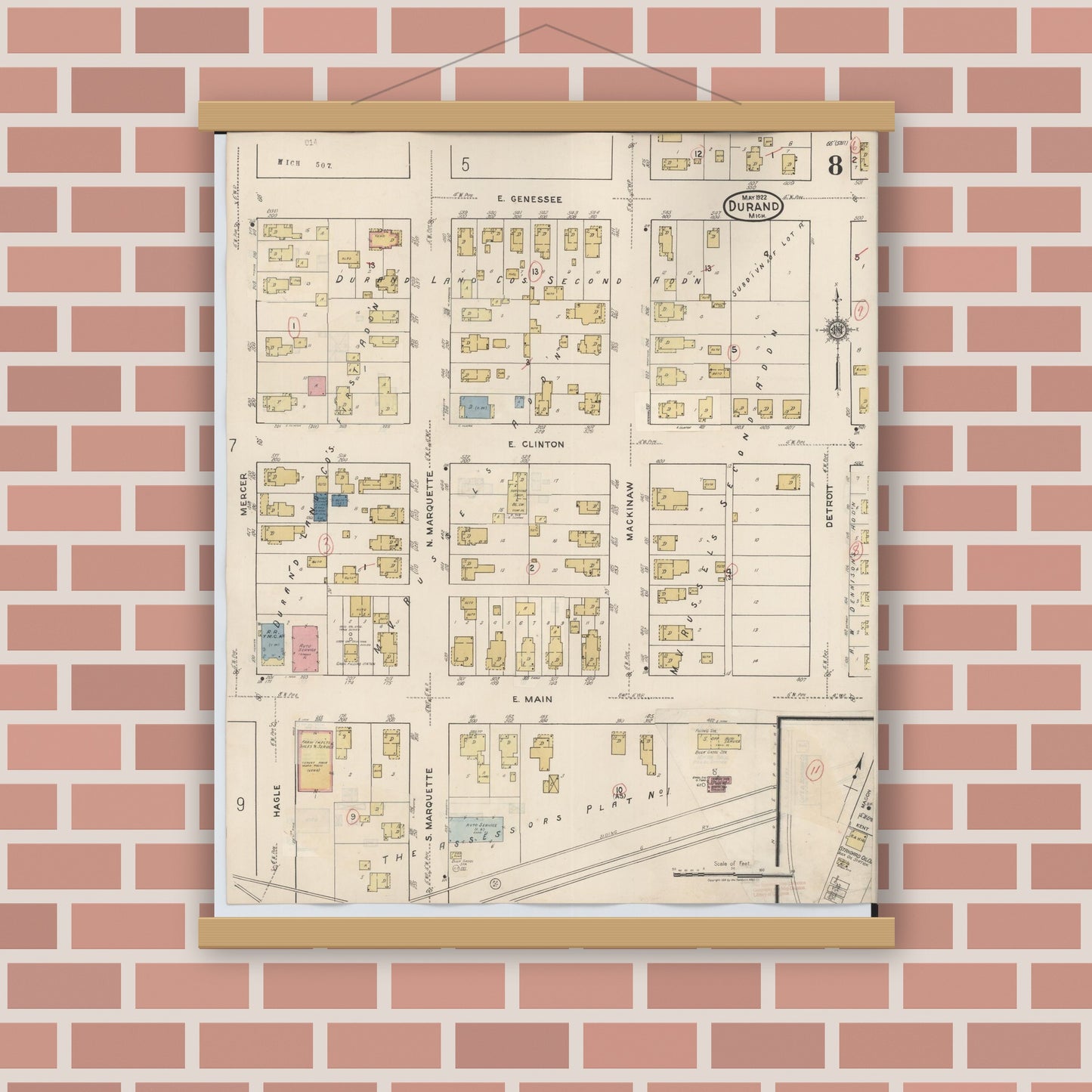 Old map wall art mockup — magnetic wood frame on brick wall — Sanborn Fire Insurance Map from Durand, Shiawassee County, Michigan (1944), Sheet #0008