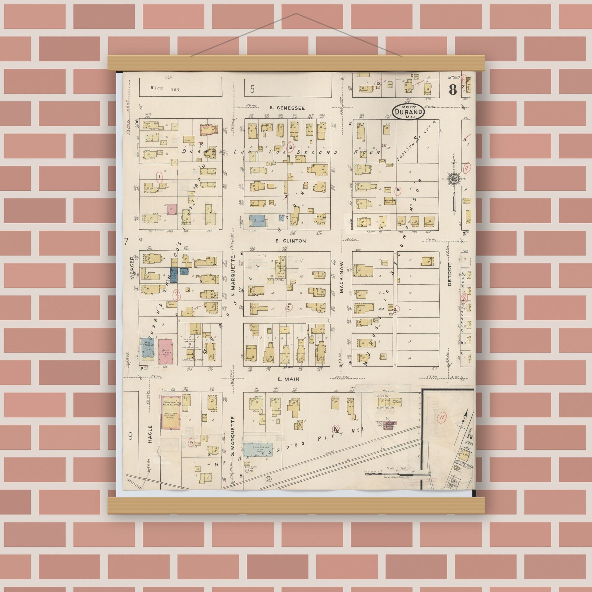 Old map wall art mockup — magnetic wood frame on brick wall — Sanborn Fire Insurance Map from Durand, Shiawassee County, Michigan (1944), Sheet #0008