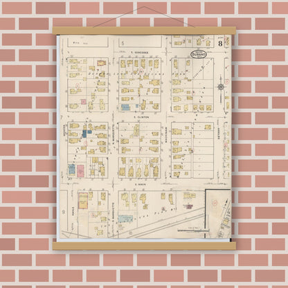 Old map wall art mockup — magnetic wood frame on brick wall — Sanborn Fire Insurance Map from Durand, Shiawassee County, Michigan (1944), Sheet #0008