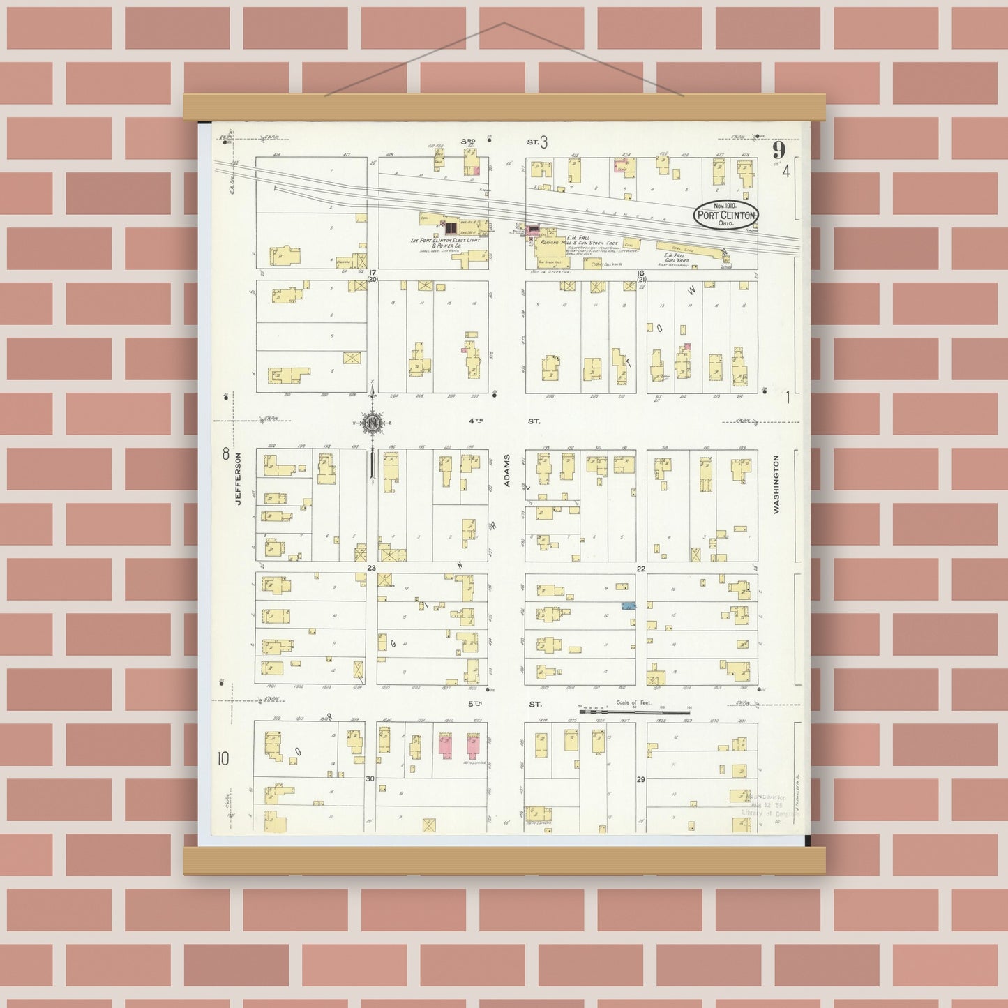 Old map wall art mockup — magnetic wood frame on brick wall — Sanborn Fire Insurance Map from Port Clinton, Ottawa County, Ohio (1910), Sheet #0009