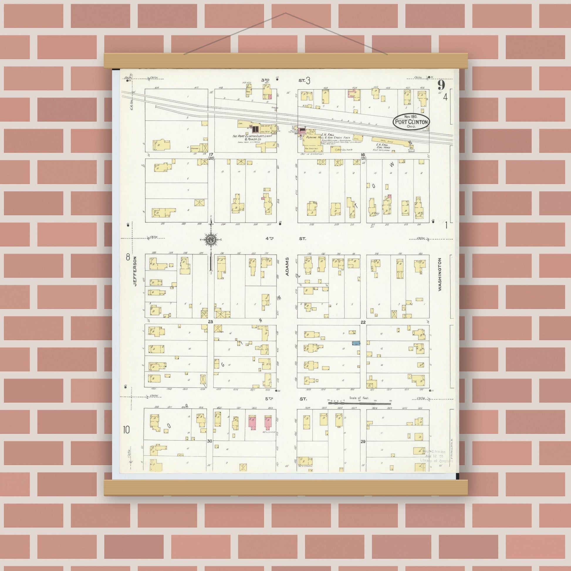 Old map wall art mockup — magnetic wood frame on brick wall — Sanborn Fire Insurance Map from Port Clinton, Ottawa County, Ohio (1910), Sheet #0009