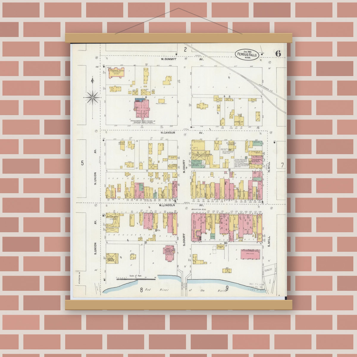 Old map wall art mockup — magnetic wood frame on brick wall — Sanborn Fire Insurance Map from Fergus Falls, Otter Tail County, Minnesota (1903), Sheet #0006