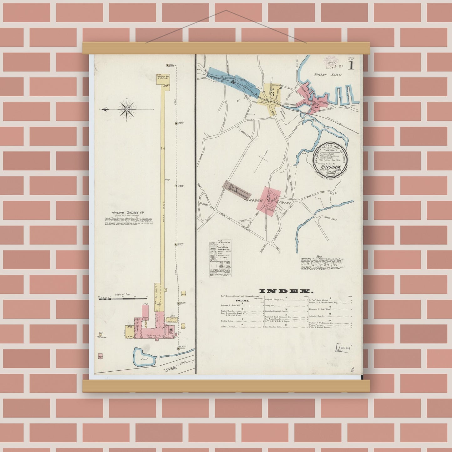 Old map wall art mockup — magnetic wood frame on brick wall — Sanborn Fire Insurance Map from Hingham, Plymouth County, Massachusetts (1893) - Complete Map Set
