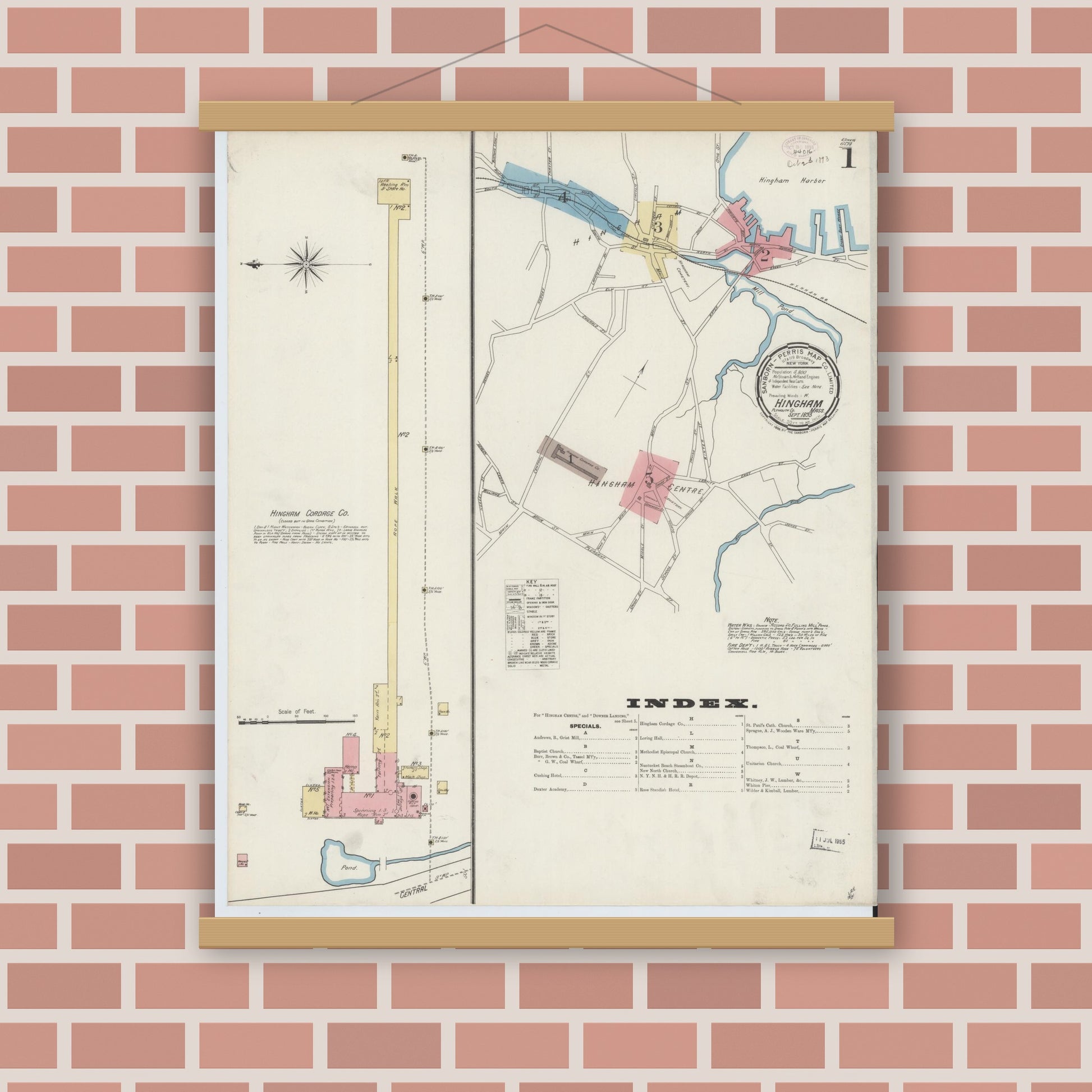 Old map wall art mockup — magnetic wood frame on brick wall — Sanborn Fire Insurance Map from Hingham, Plymouth County, Massachusetts (1893) - Complete Map Set
