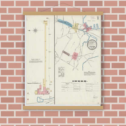 Old map wall art mockup — magnetic wood frame on brick wall — Sanborn Fire Insurance Map from Hingham, Plymouth County, Massachusetts (1893) - Complete Map Set