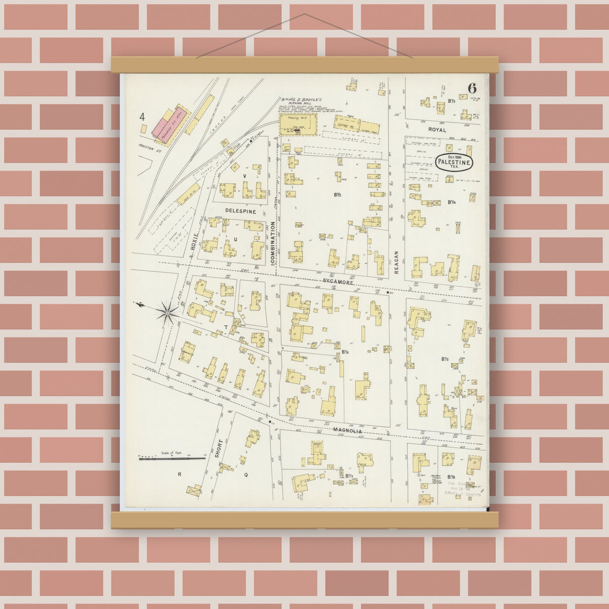Old map wall art mockup — magnetic wood frame on brick wall — Sanborn Fire Insurance Map from Palestine, Anderson County, Texas (1896), Sheet #0006