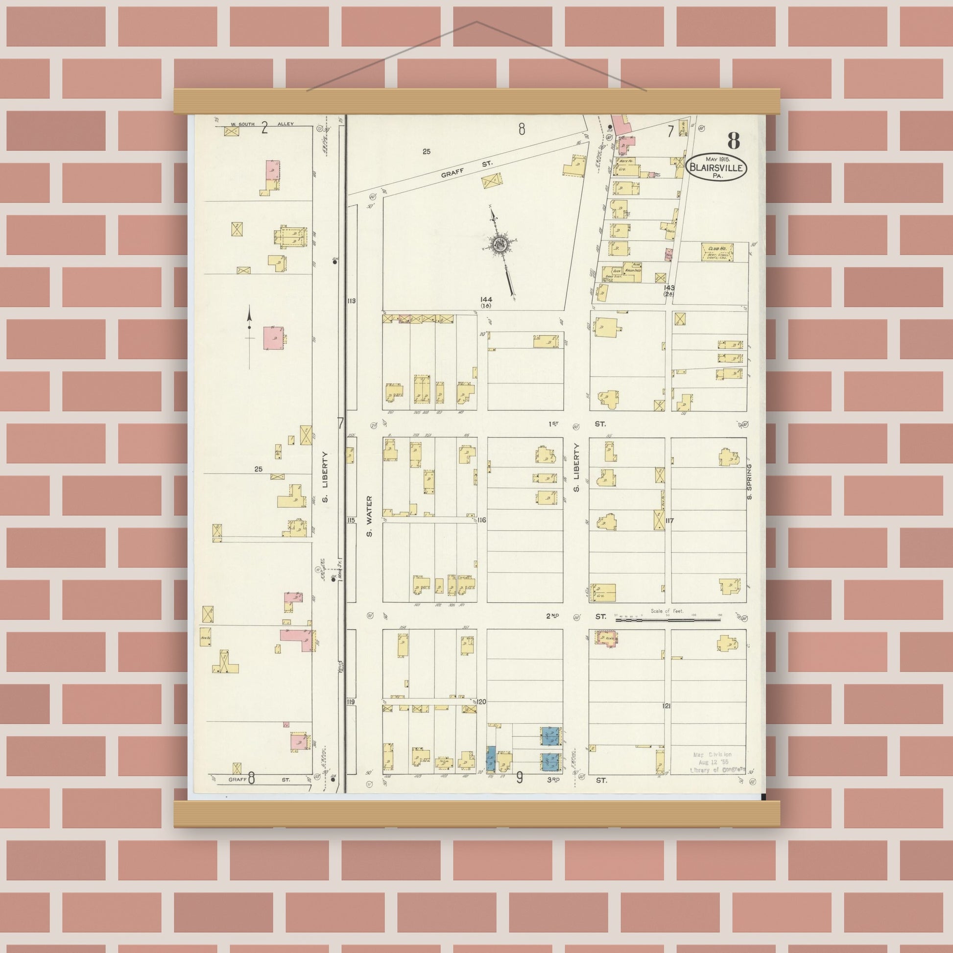 Old map wall art mockup — magnetic wood frame on brick wall — Sanborn Fire Insurance Map from Blairsville, Indiana County, Pennsylvania (1915), Sheet #0008