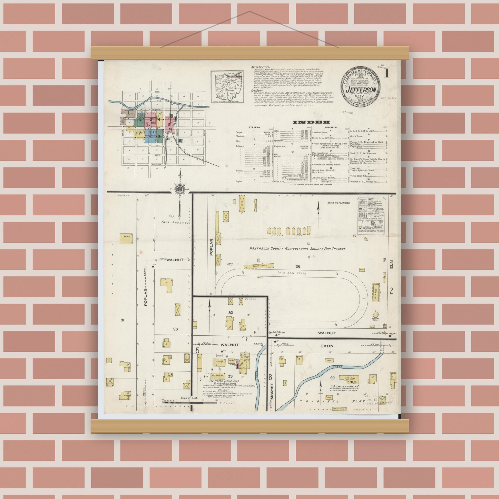 Old map wall art mockup — magnetic wood frame on brick wall — Sanborn Fire Insurance Map from Jefferson, Ashtabula County, Ohio (1915) - Complete Map Set