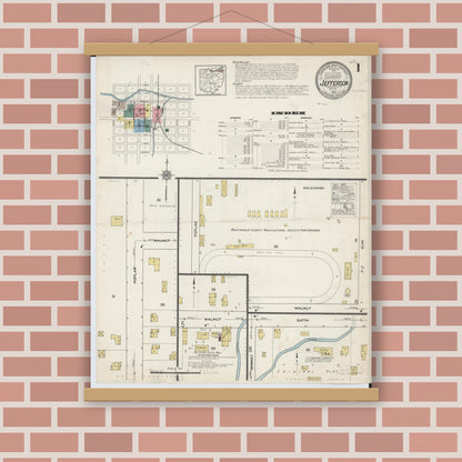 Old map wall art mockup — magnetic wood frame on brick wall — Sanborn Fire Insurance Map from Jefferson, Ashtabula County, Ohio (1915) - Complete Map Set