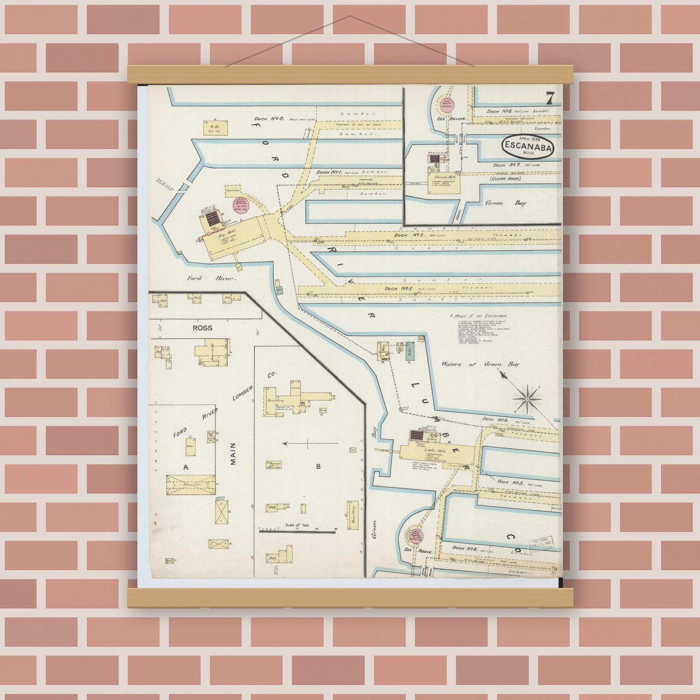 Old map wall art mockup — magnetic wood frame on brick wall — Sanborn Fire Insurance Map from Escanaba, Delta County, Michigan (1888), Sheet #0007
