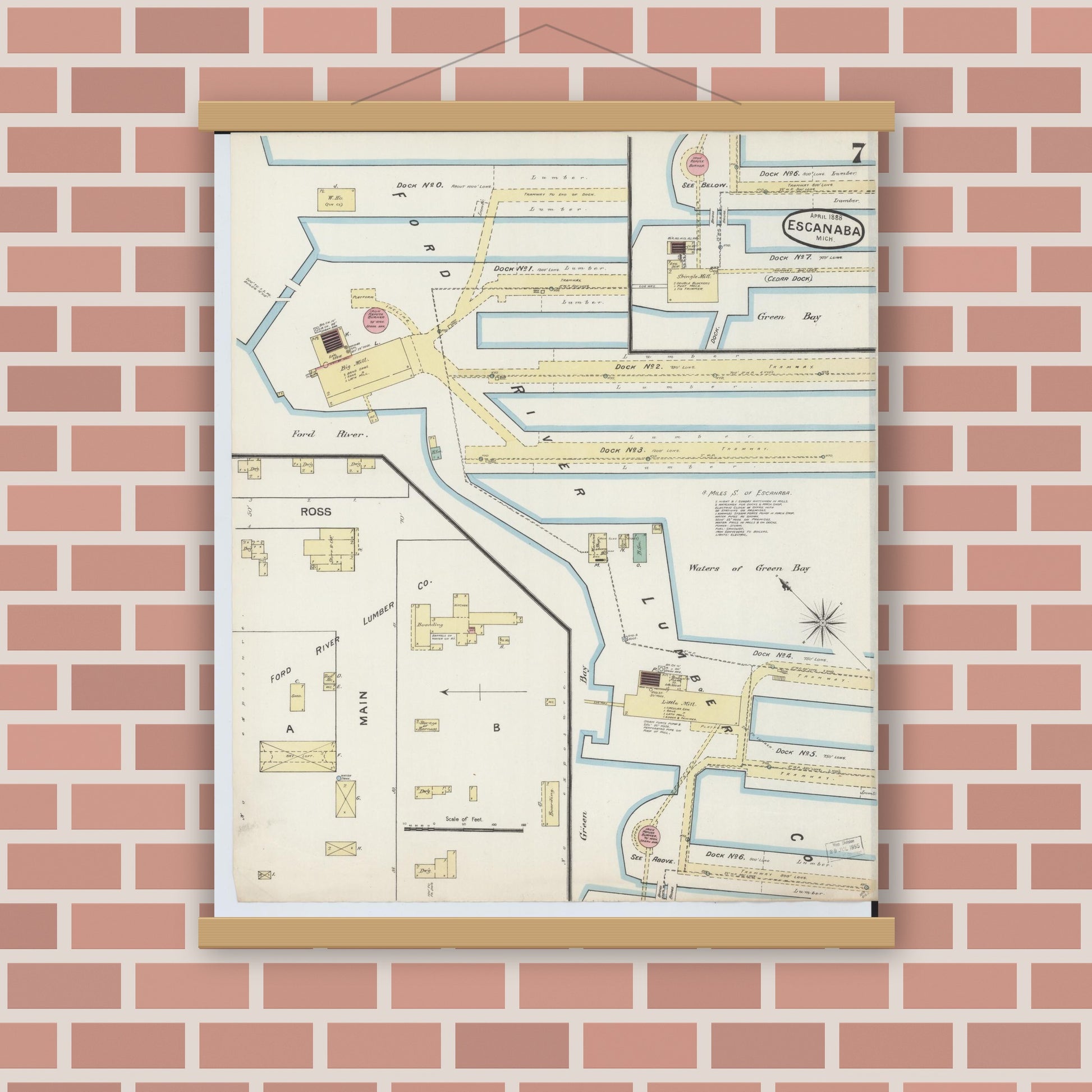Old map wall art mockup — magnetic wood frame on brick wall — Sanborn Fire Insurance Map from Escanaba, Delta County, Michigan (1888), Sheet #0007