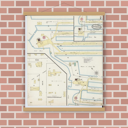 Old map wall art mockup — magnetic wood frame on brick wall — Sanborn Fire Insurance Map from Escanaba, Delta County, Michigan (1888), Sheet #0007