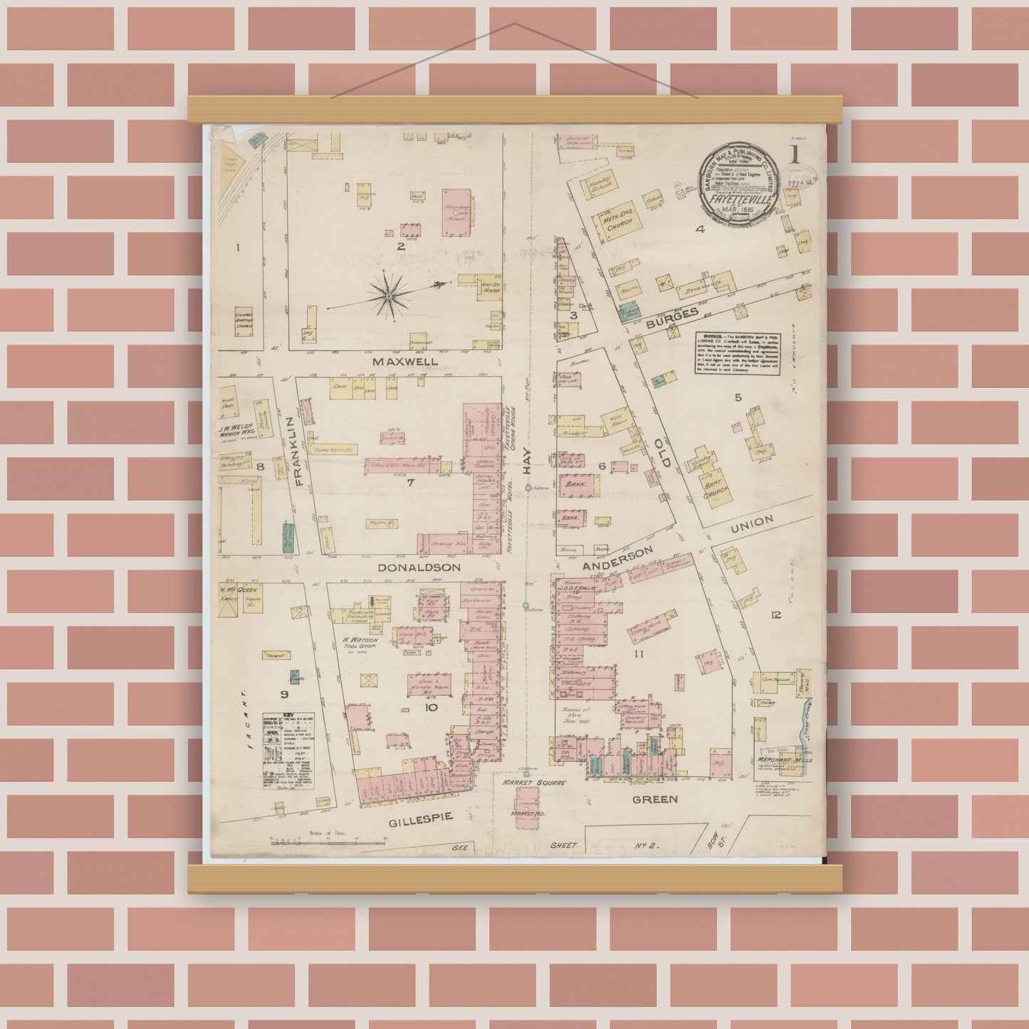 Old map wall art mockup — magnetic wood frame on brick wall — Sanborn Fire Insurance Map from Fayetteville, Cumberland County, North Carolina (1885) - Complete Map Set