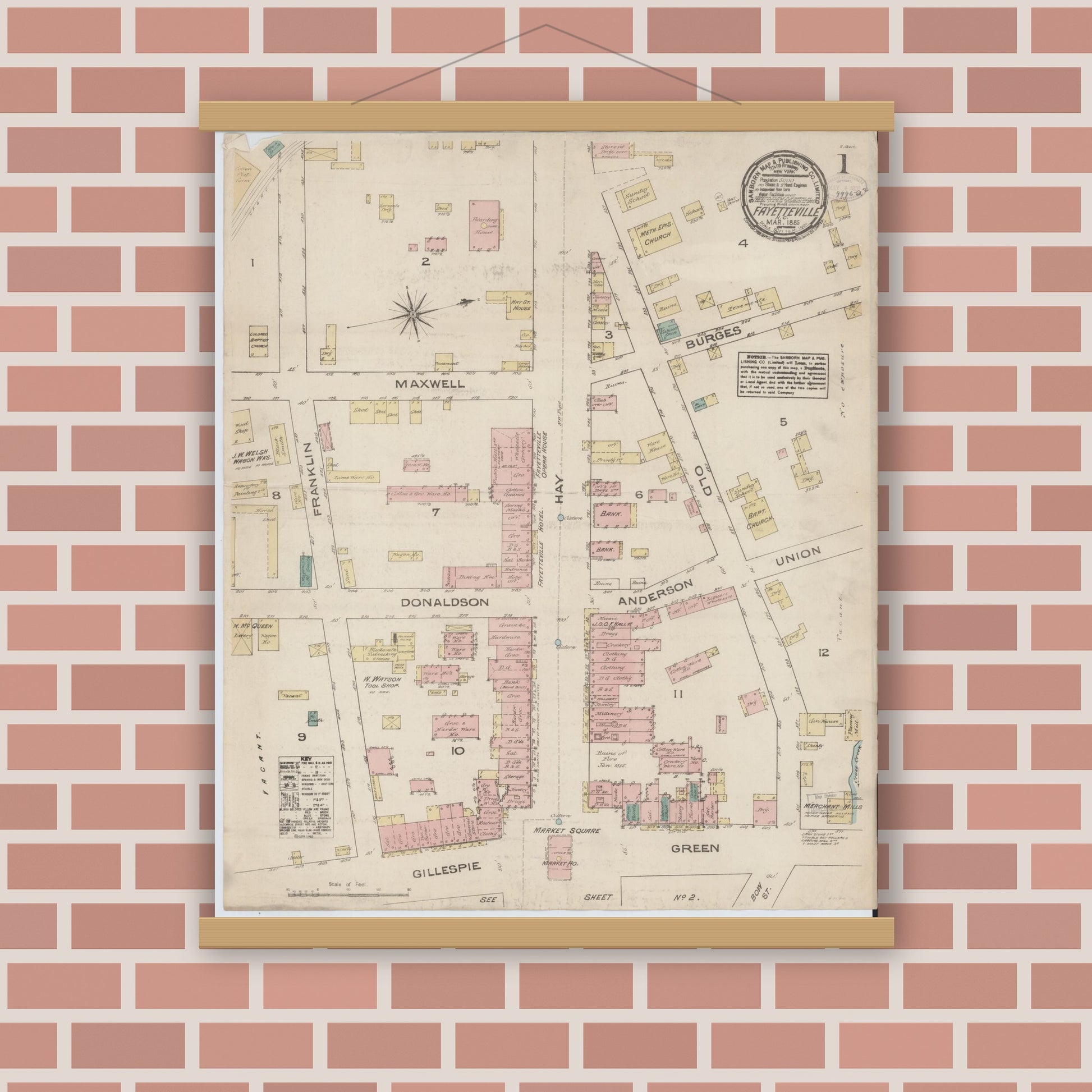Old map wall art mockup — magnetic wood frame on brick wall — Sanborn Fire Insurance Map from Fayetteville, Cumberland County, North Carolina (1885) - Complete Map Set