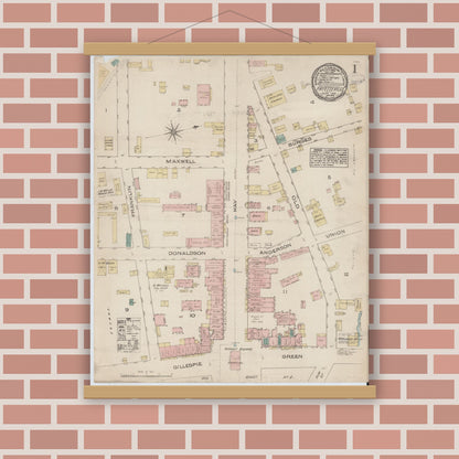 Old map wall art mockup — magnetic wood frame on brick wall — Sanborn Fire Insurance Map from Fayetteville, Cumberland County, North Carolina (1885) - Complete Map Set