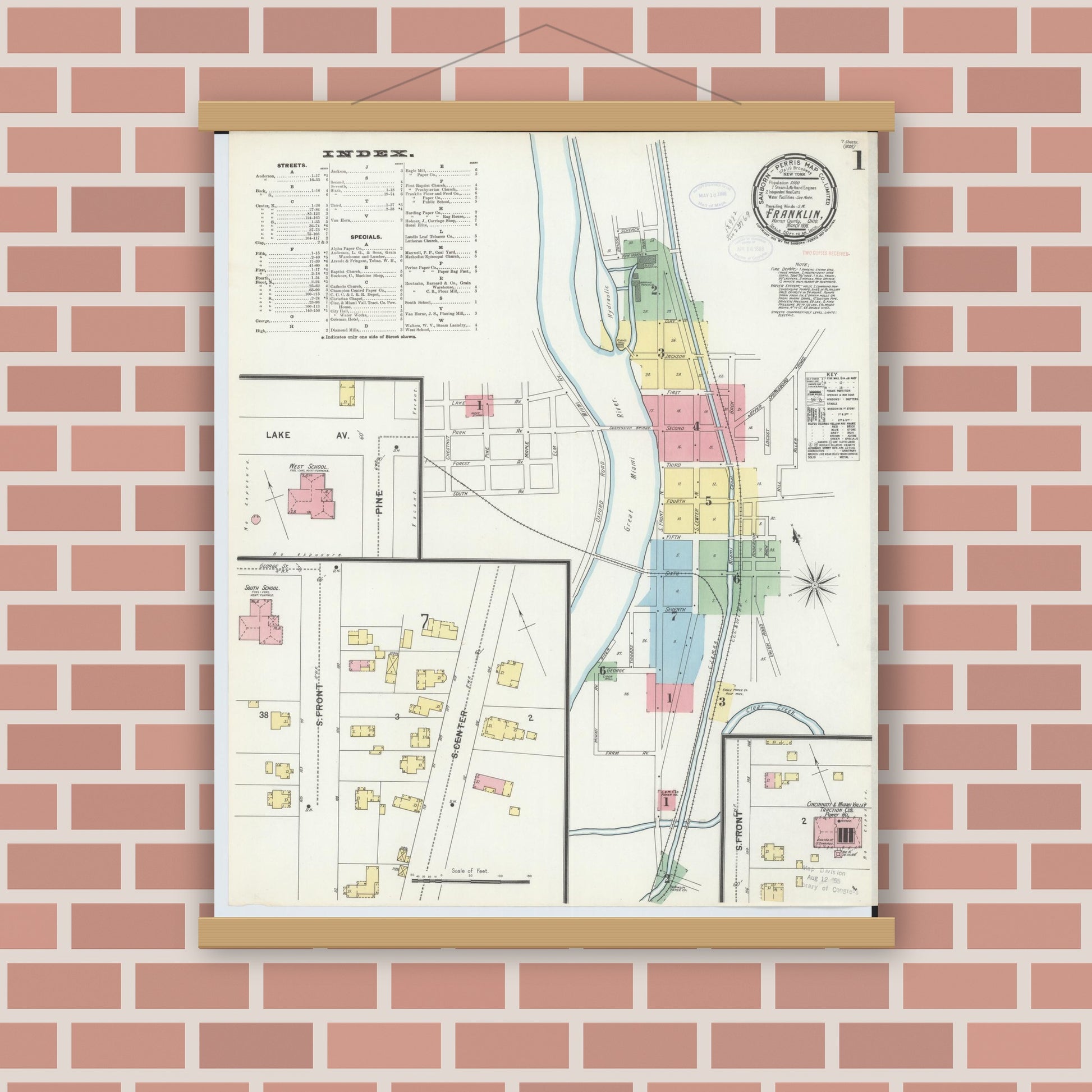Old map wall art mockup — magnetic wood frame on brick wall — Sanborn Fire Insurance Map from Franklin, Warren County, Ohio (1898), Sheet #0001