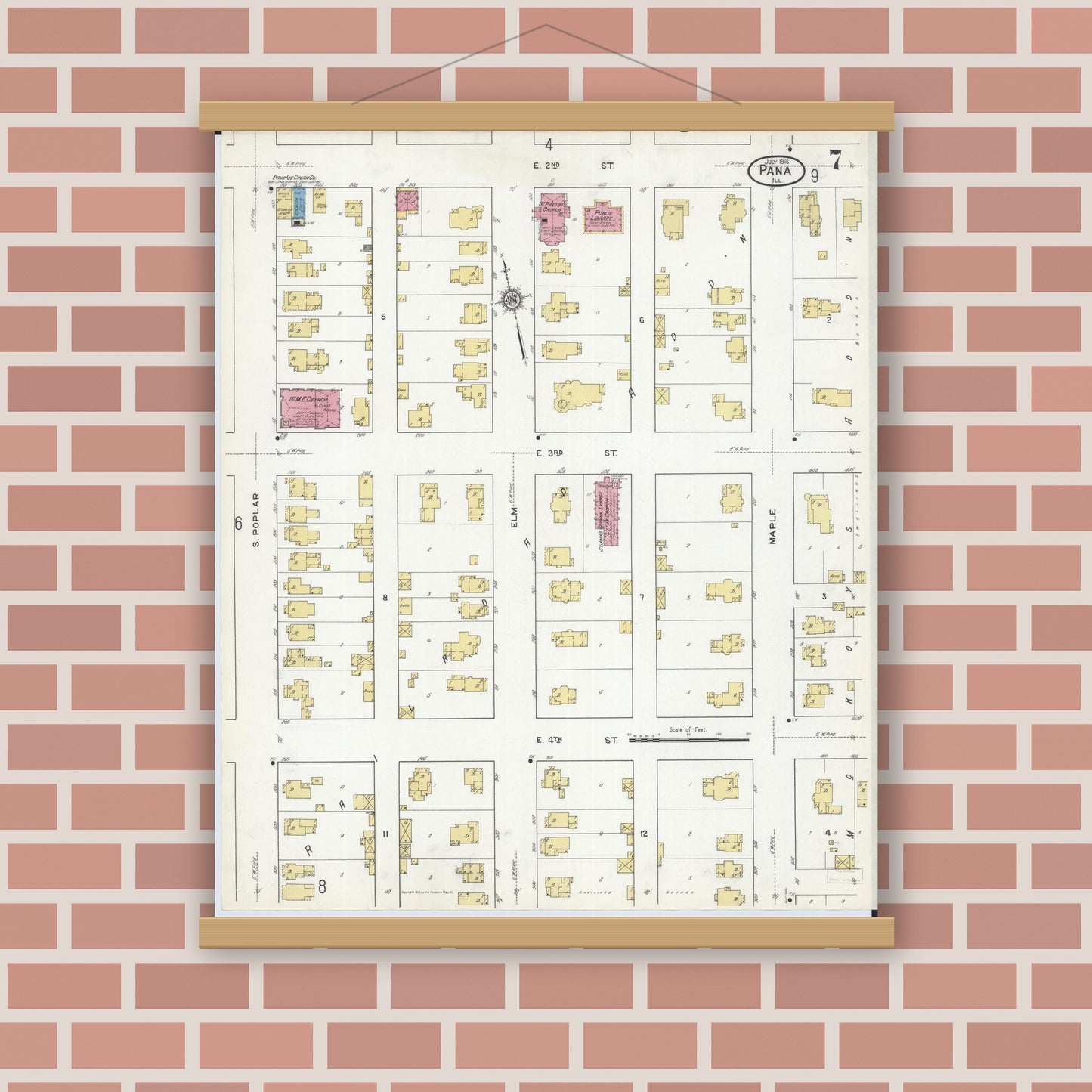 Old map wall art mockup — magnetic wood frame on brick wall — Sanborn Fire Insurance Map from Pana, Christian County, Illinois (1916), Sheet #0007