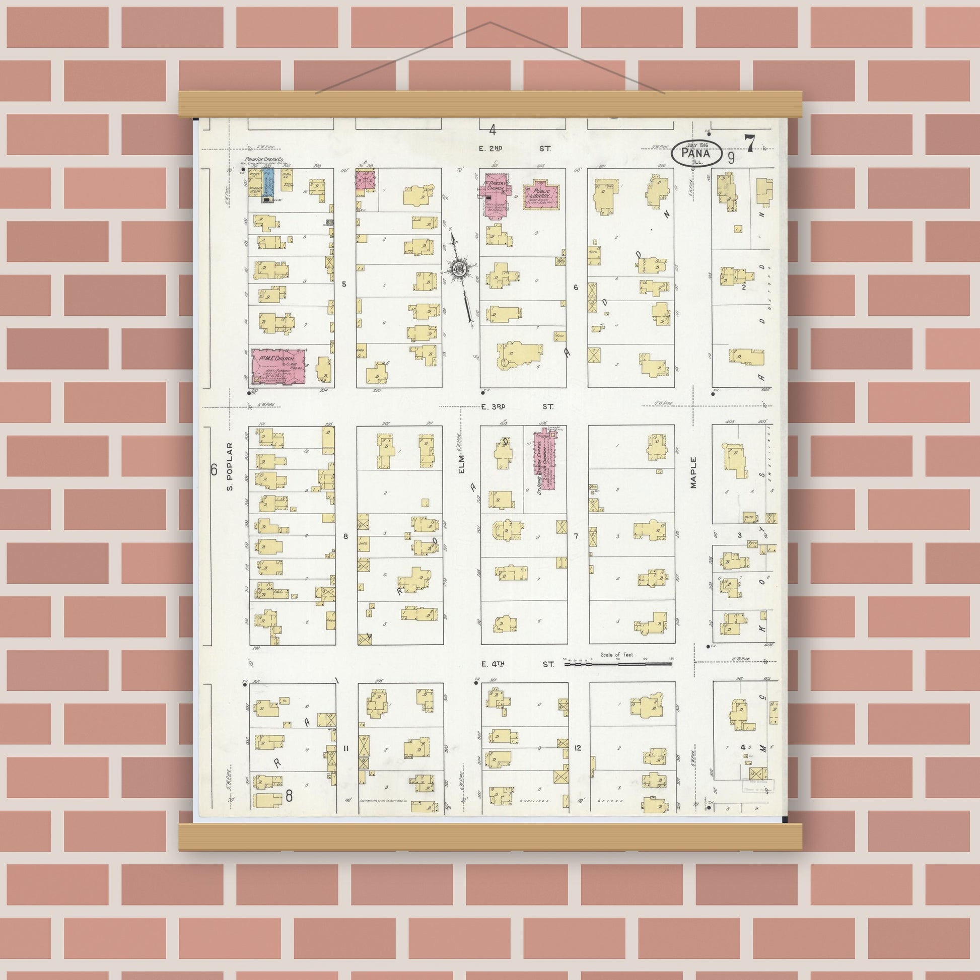 Old map wall art mockup — magnetic wood frame on brick wall — Sanborn Fire Insurance Map from Pana, Christian County, Illinois (1916), Sheet #0007