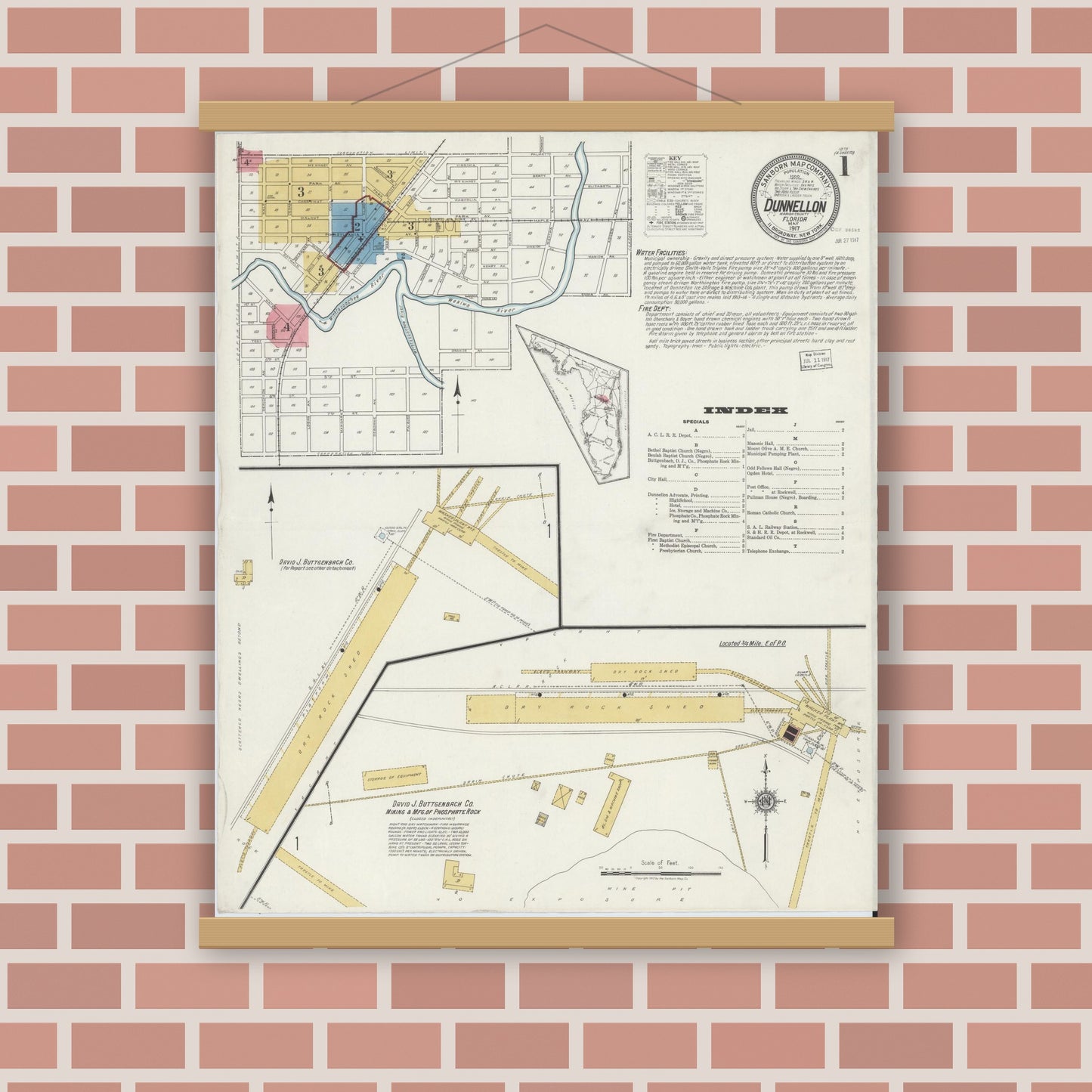 Old map wall art mockup — magnetic wood frame on brick wall — Sanborn Fire Insurance Map from Dunnellon, Marion County, Florida (1917), Sheet #0001
