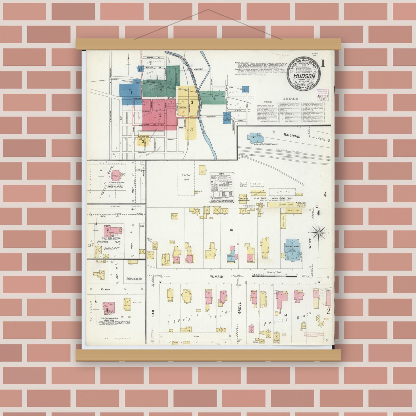 Old map wall art mockup — magnetic wood frame on brick wall — Sanborn Fire Insurance Map from Hudson, Lenawee County, Michigan (1907) - Complete Map Set
