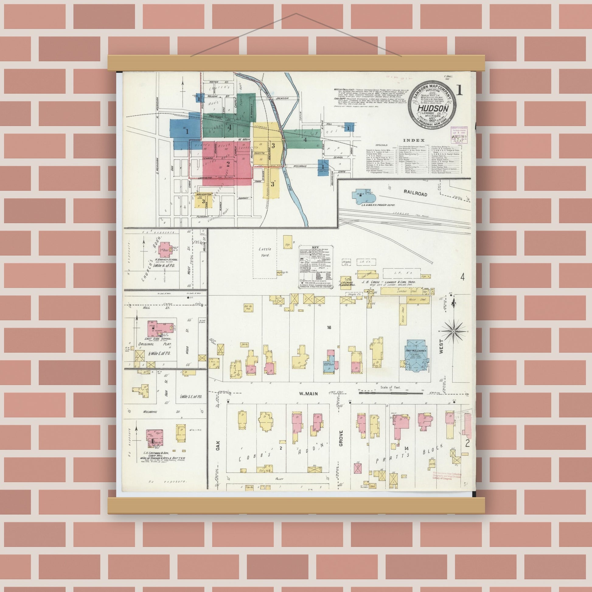 Old map wall art mockup — magnetic wood frame on brick wall — Sanborn Fire Insurance Map from Hudson, Lenawee County, Michigan (1907) - Complete Map Set