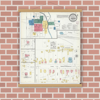 Old map wall art mockup — magnetic wood frame on brick wall — Sanborn Fire Insurance Map from Hudson, Lenawee County, Michigan (1907) - Complete Map Set