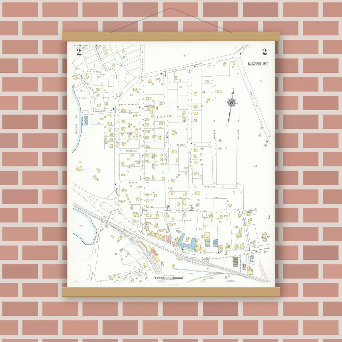 Old map wall art mockup — magnetic wood frame on brick wall — Sanborn Fire Insurance Map from Bourne, Barnstable County, Massachusetts (1941), Sheet #0002
